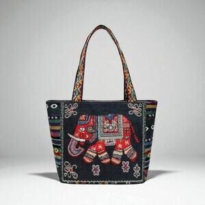 Black Ethnic Elephant Embroidered Tote Bag Jacquard Fabric Handbag Boho NWT